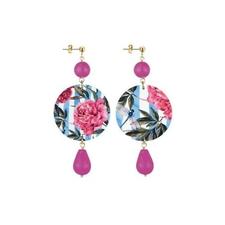 Lebole long earring The Circle Fuxia with pink flowers and leaves