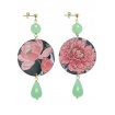 Lebole long earring The Circle Green jade with pink flowers