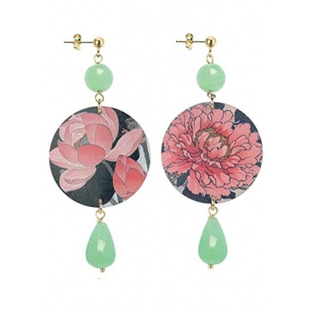 Lebole long earring The Circle Green jade with pink flowers