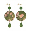 Lebole long earring The Olive green circle and pink lotus flower