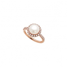 Mimì Happy Pink gold ring with diamonds shank and white pearl