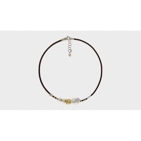 Collana Misani gioielli Aurora con oro, argento, perle e cuoio toscano