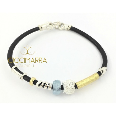 Misani bracelet jewelery Leather accents with gold, silver and Aquamarine