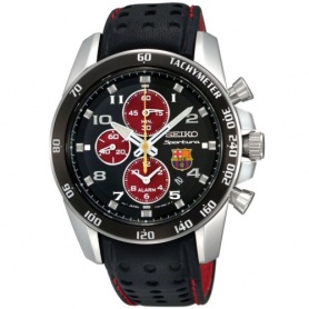Seiko FC Barcelona Chrono Uhr aus schwarzem Leder – SNAE75P1