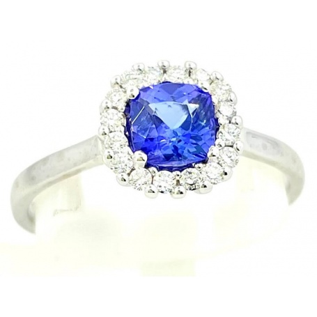 Ring with blue Tanzanite cushion 5x5mm and natural diamonds