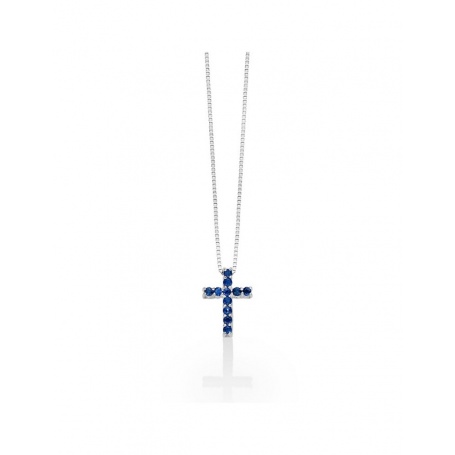 Miluna necklace with cross, in white gold and blue sapphires - CLD4263