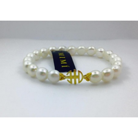 Mimi elastic bracelet with white pearls and logo in yellow gold - B04DA01