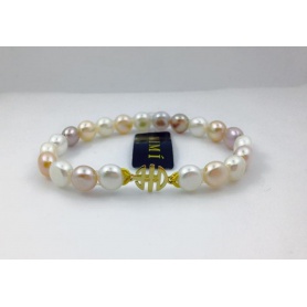 Mimi elastic Multicolor pearls bracelet with logo in yellow gold - B04DA04
