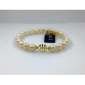 Mimi elastic pink pearls bracelet with logo in yellow gold - B04DA02