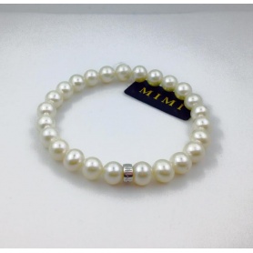 Elastic white medium pearls bracelet with silver - B03801AR