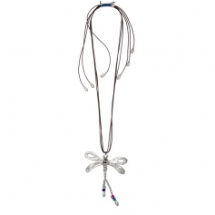 Lange Halskette Uno de50 braunem Leder mit Libelle Anhänger