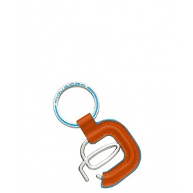 Piquadro logo keychain in leather-covered Blue Square orange