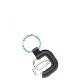 Piquadro logo keychain in leather-covered Blue Square mahogany