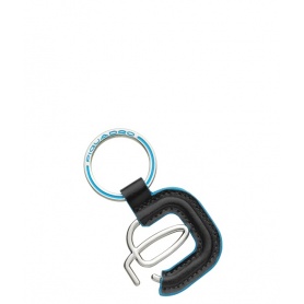 Piquadro logo keychain in leather-covered Blue Square black