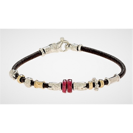 Bracelet Misani jewelry Accents in leather with gold, silver and ruby, B890
