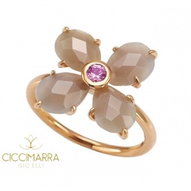 Mimì Bloom flower ring in gold with gray Agate and pink Sapphire