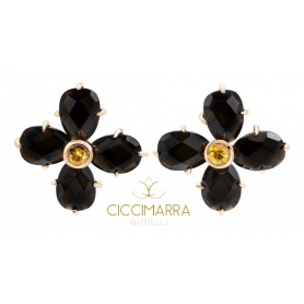 Mimi Bloom flower earrings in gold with black obsidian and yellow sapphires
