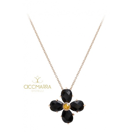 Mimì Bloom flower necklace in gold with black Obsidian and yellow Sapphire