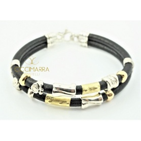 Misani jewelry bracelet with double strand of leather, gold and silver - B2001