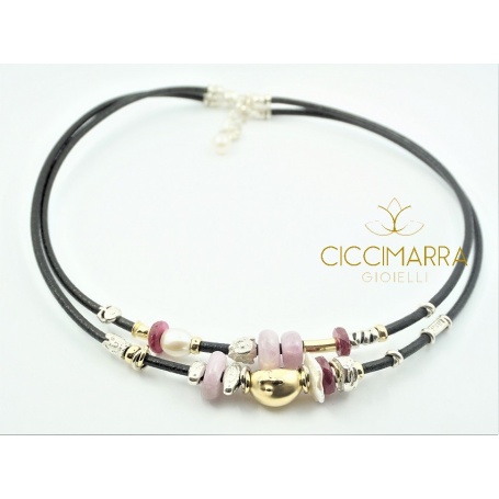 Misani Jewelry necklace Accents in leather with gold, silver, ruby and kunzite