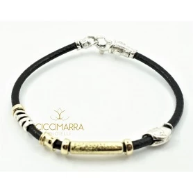 Misani bracelet in leather with tubular gold and silver B2007