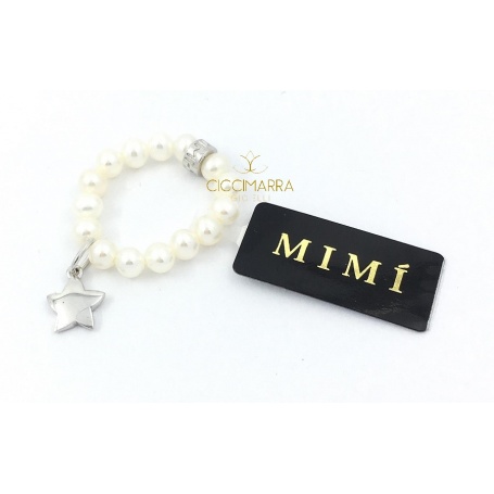 Elastischer Mimì Ring mit weißen Perlen und Stella Anhänger