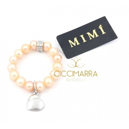 Elastischer Mimì Ring mit cremefarbenen Perlen und Herz Anhänger