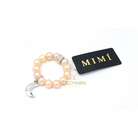 Elastischer Mimì Ring mit cremefarbenen Perlen und Luna Anhänger