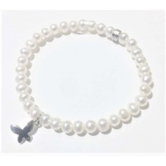 Elastisches Mimì Armband mit weißen Perlen und Schmetterling