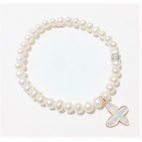 Mimì Armband elastische weiße Perlen und Perlmutt Schmetterling