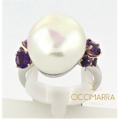 Mimì ring in silver, rose gold, Baroque Pearl and Amethysts