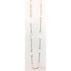 Mimì long necklace in pink gold with pearls and rose quartz