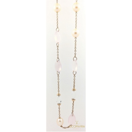 Mimì lange Halskette in Rotgold mit Perlen und Rosenquarz