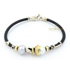 Aurora jewelry Misani bracelet in leather, pearls, gold and silver